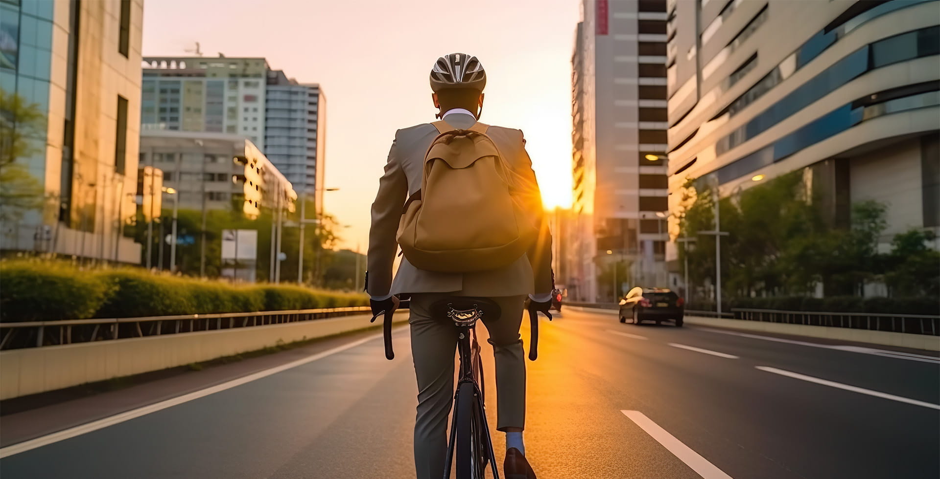 Businessman wearing helmet biking with bicycle on road in city to work, Generative AI